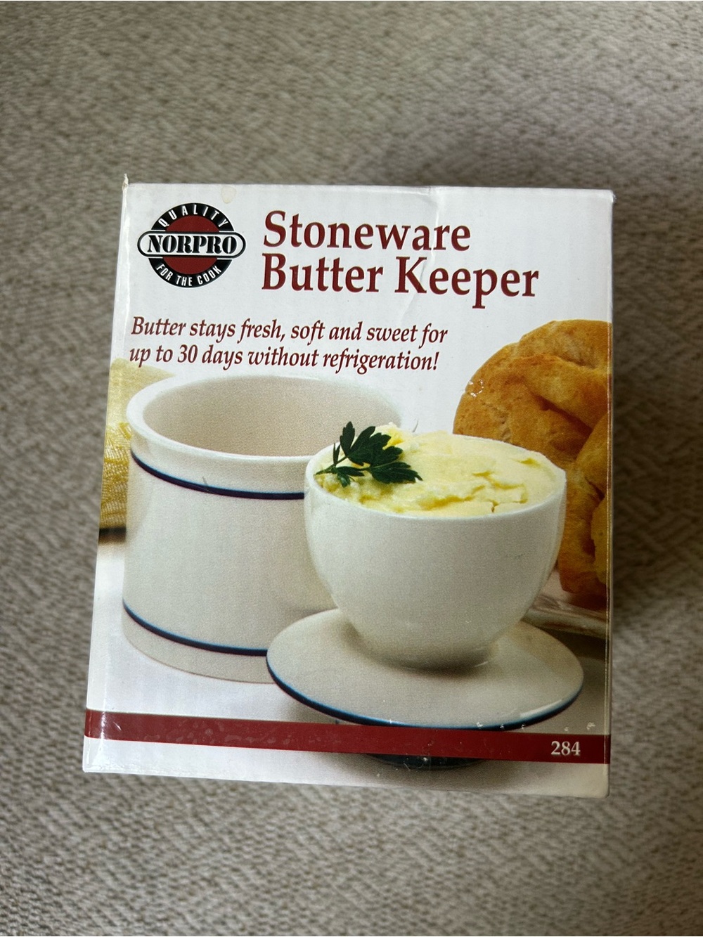 NEW Stoneware Butter Keeper - White with Blue Trim Lidded Crock